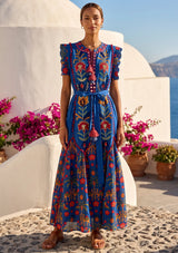 ibBan Hand-Embroidered Cotton Long Dress with Elephant Print - Yamna
