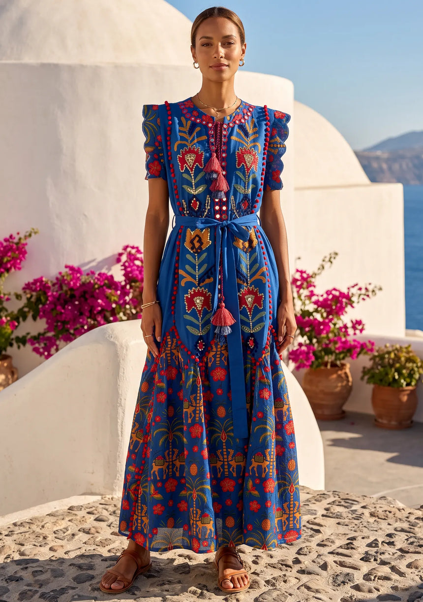 ibBan Hand-Embroidered Cotton Long Dress with Elephant Print - Yamna