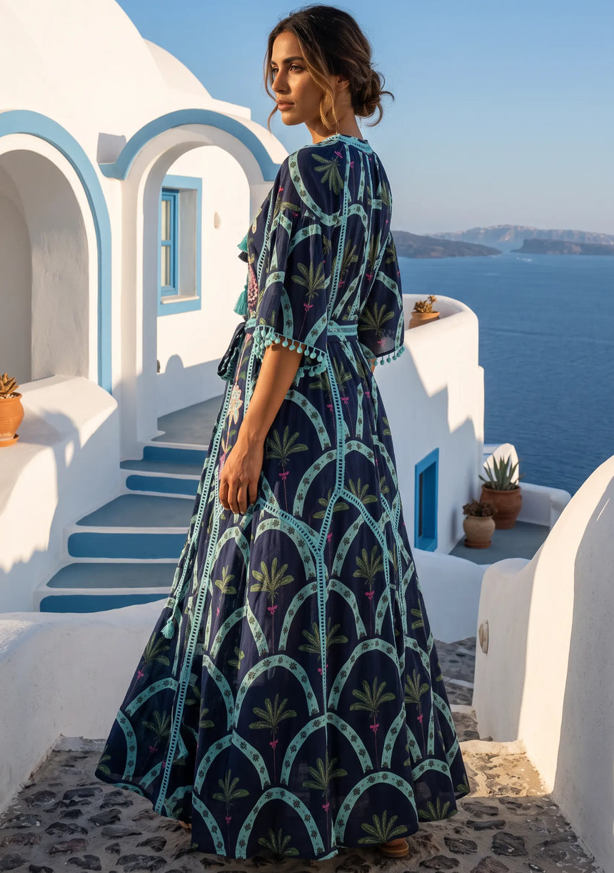 ibBan Hand-Embroidered Cotton Long Dress with Palm Print - Nashwa