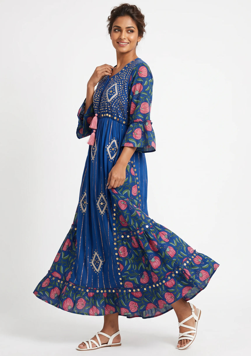 ibBan Floral Cotton Maxi Dress with Bell Sleeves - Jumani