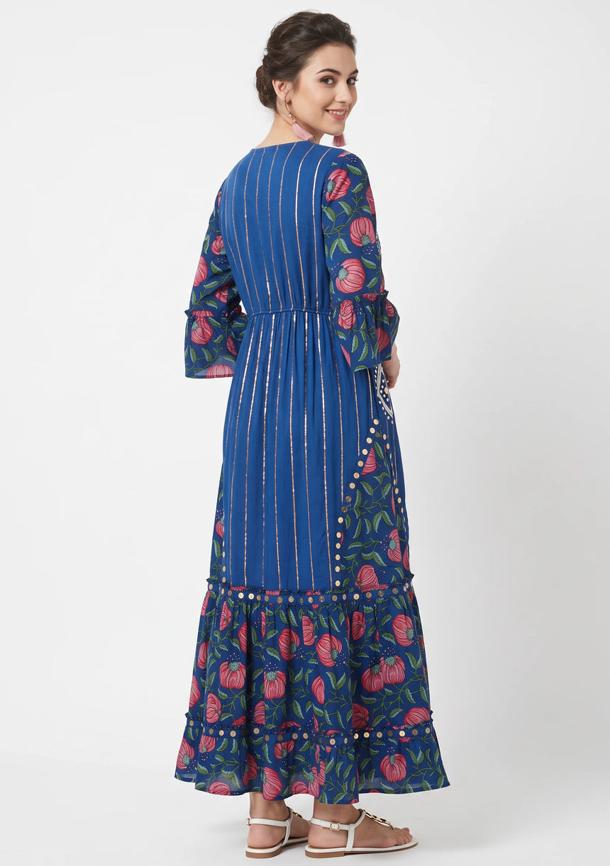 ibBan Floral Cotton Maxi Dress with Bell Sleeves - Jumani