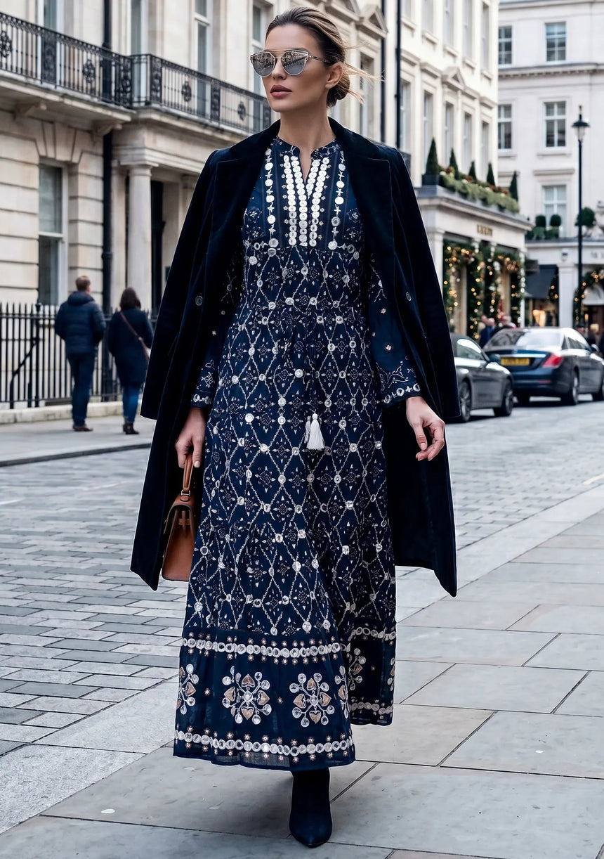 ibBan Hand Embroidered Winter Tunic Dress | Luxury Bohemian Elegance - Melida