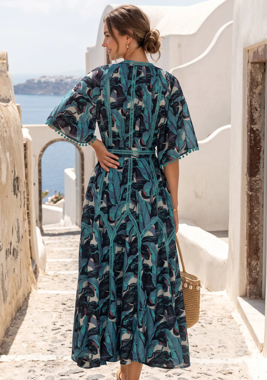 ibBan Embroidered Boho Cotton Maxi Dress with Tassel Tie - Fabiza