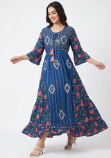 ibBan Floral Cotton Maxi Dress with Bell Sleeves - Jumani