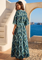 ibBan Hand-Embroidered Cotton Long Dress with Palm Print - Nashwa