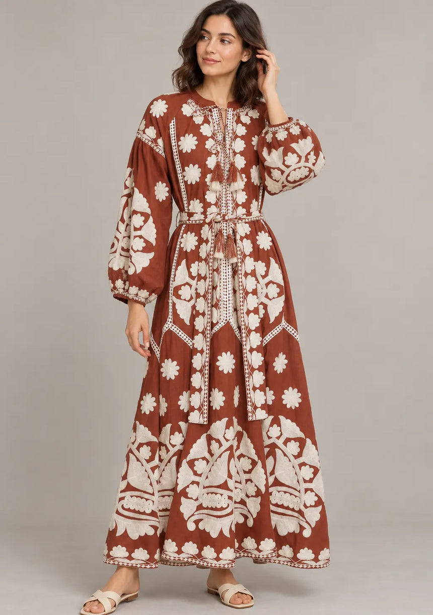 ibBan Floral Print Cotton Maxi Dress with Tassel Tie - Ayat