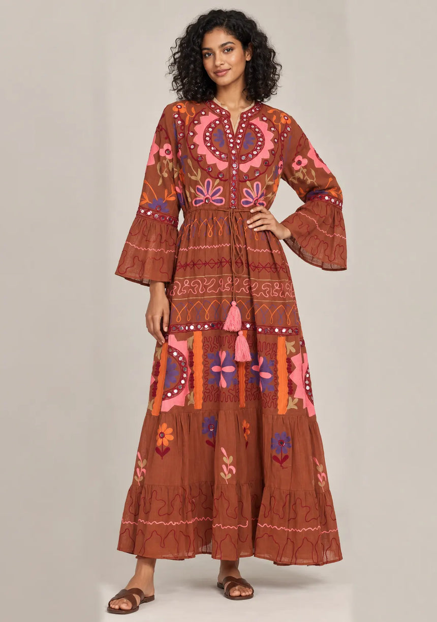 ibBan Embroidered Cotton Long Tunic with Tassel Tie - Hami