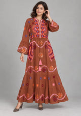 ibBan Embroidered Cotton Long Tunic Dress with Tassel Tie - Sara