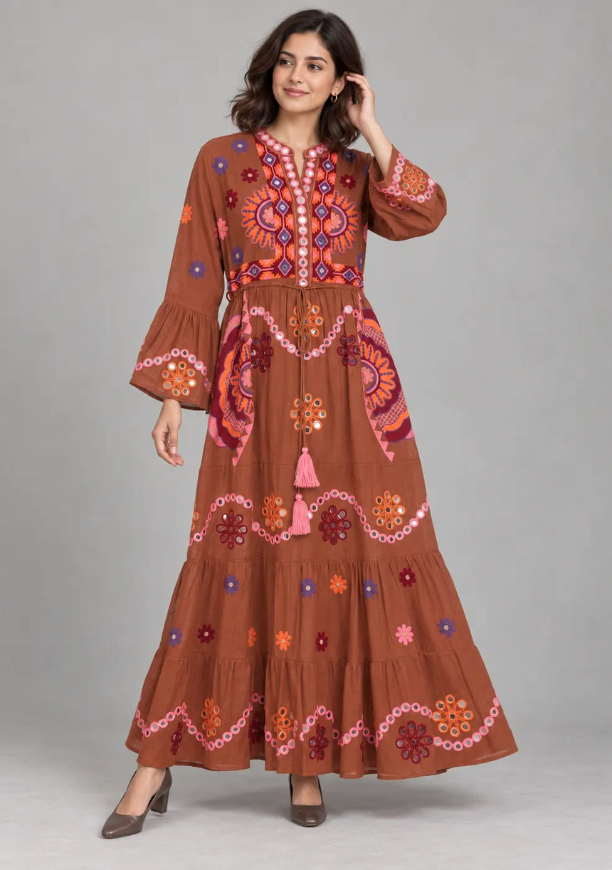 ibBan Embroidered Cotton Long Tunic Dress with Tassel Tie - Sara