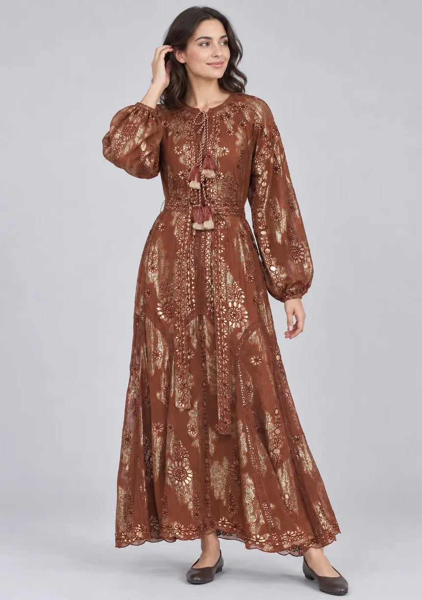 ibBan Floral Lurex Cotton Long Dress - Mavi