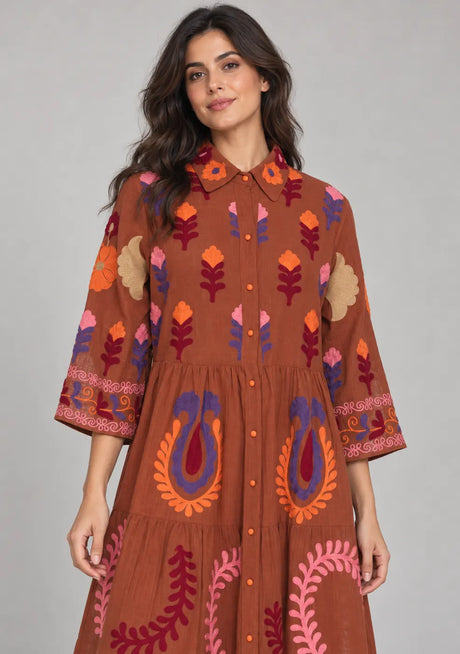 ibBan Embroidered Cotton Tiered Shirt Collor Tunic  - Ambir