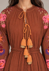 ibBan Floral Embroidered Cotton Maxi Dress with Tassel Tie - Gypsy