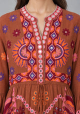 ibBan Embroidered Cotton Long Tunic Dress with Tassel Tie - Sara