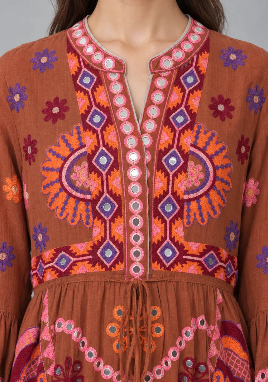 ibBan Embroidered Cotton Long Tunic Dress with Tassel Tie - Sara