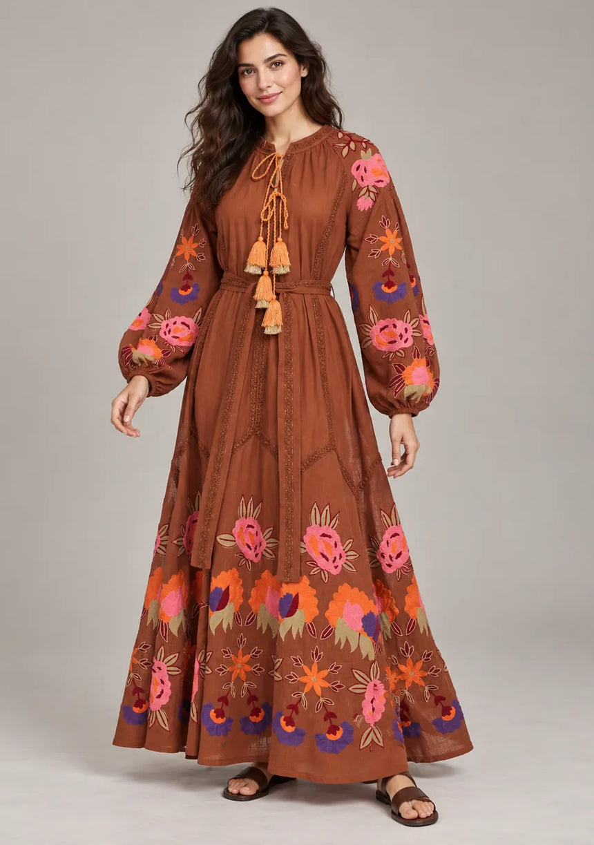 ibBan Floral Embroidered Cotton Maxi Dress with Tassel Tie - Gypsy