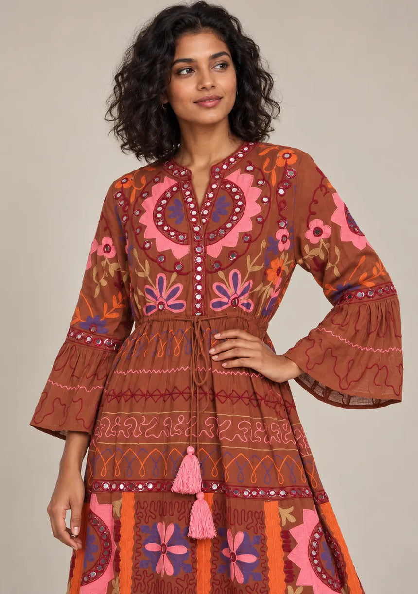 ibBan Embroidered Cotton Long Tunic with Tassel Tie - Hami
