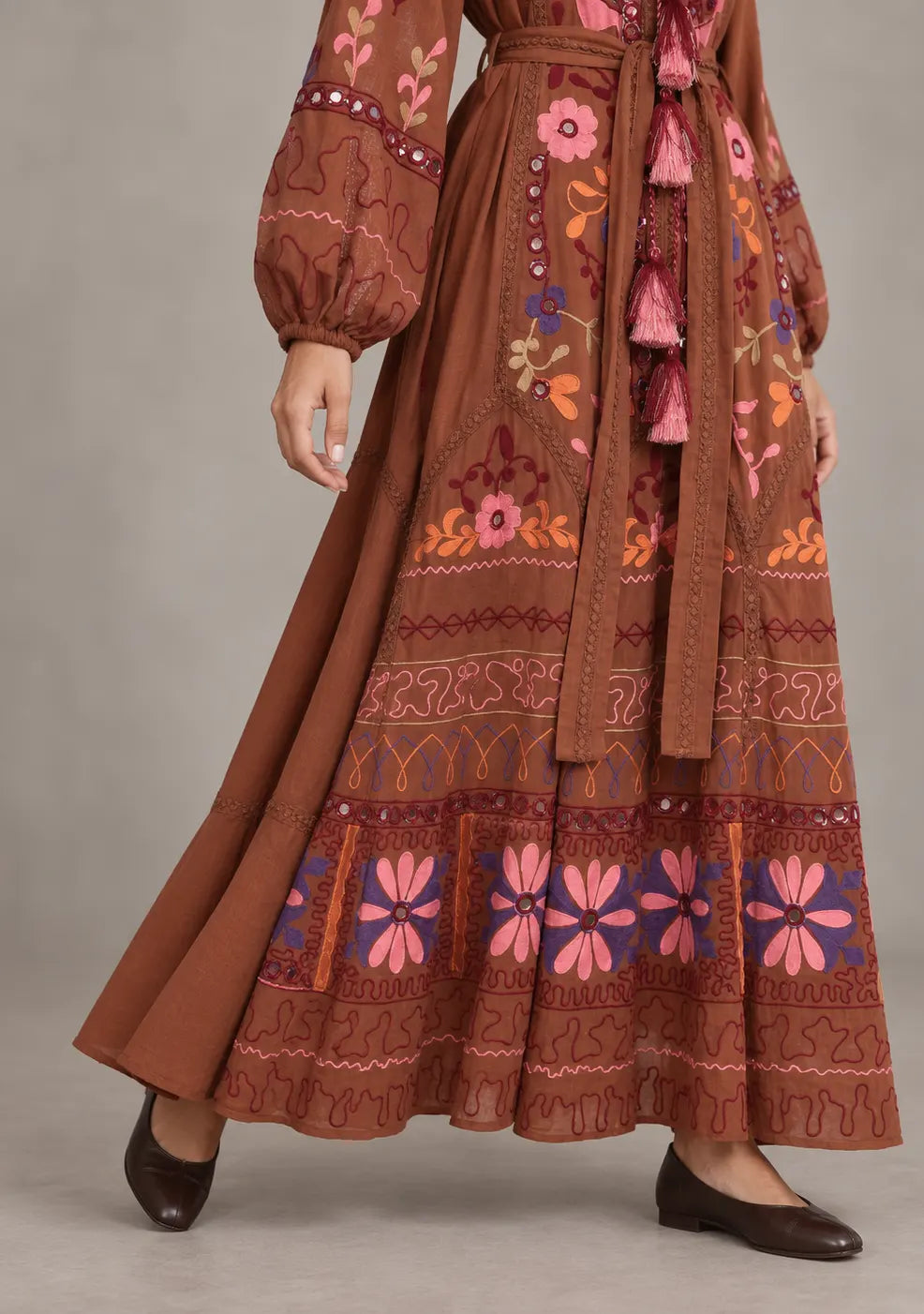 ibBanEmbroidered Cotton Maxi Dress with Tassel Tie - Hami