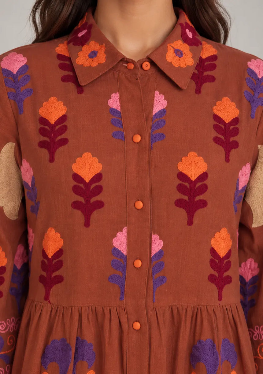ibBan Embroidered Cotton Tiered Shirt Collor Tunic  - Ambir