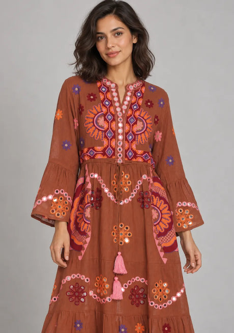 ibBan Embroidered Cotton Long Tunic Dress with Tassel Tie - Sara