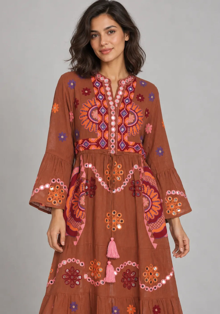 ibBan Embroidered Cotton Long Tunic Dress with Tassel Tie - Sara