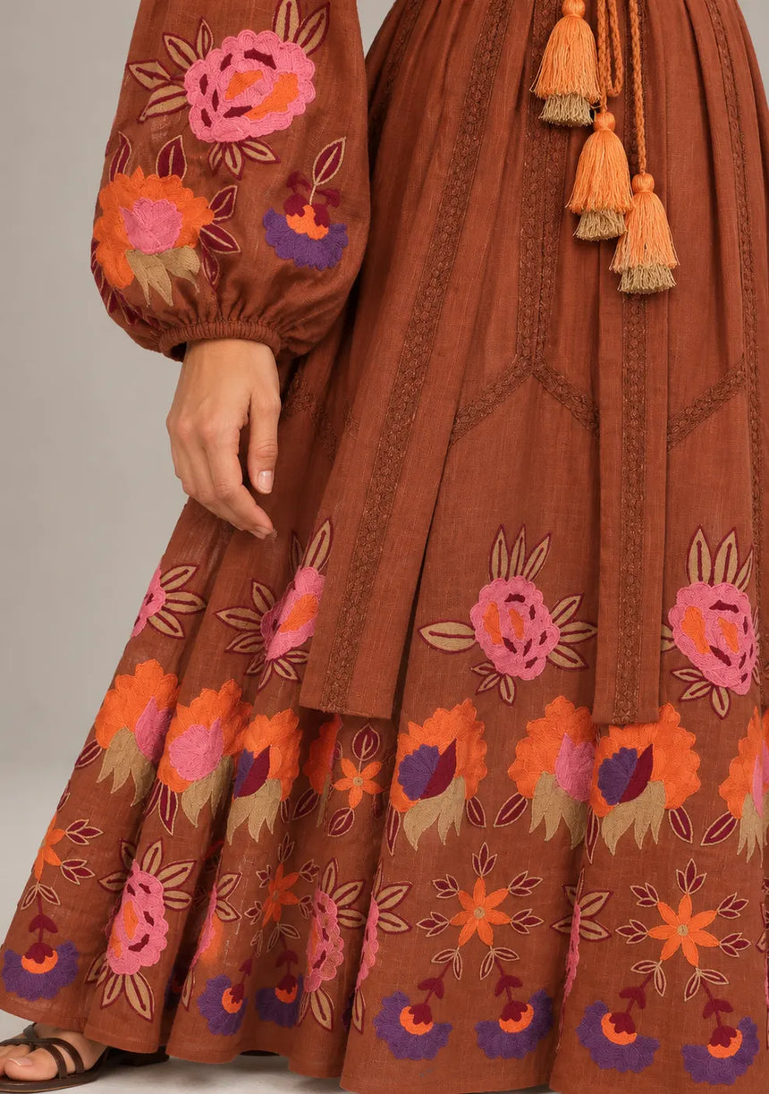 ibBan Floral Embroidered Cotton Maxi Dress with Tassel Tie - Gypsy