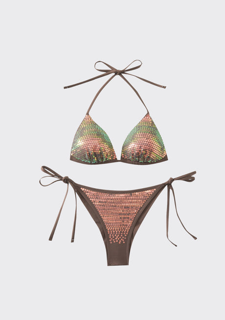 Conjunto de bikini estampado marrón para mujer, tirantes ajustables - Nova