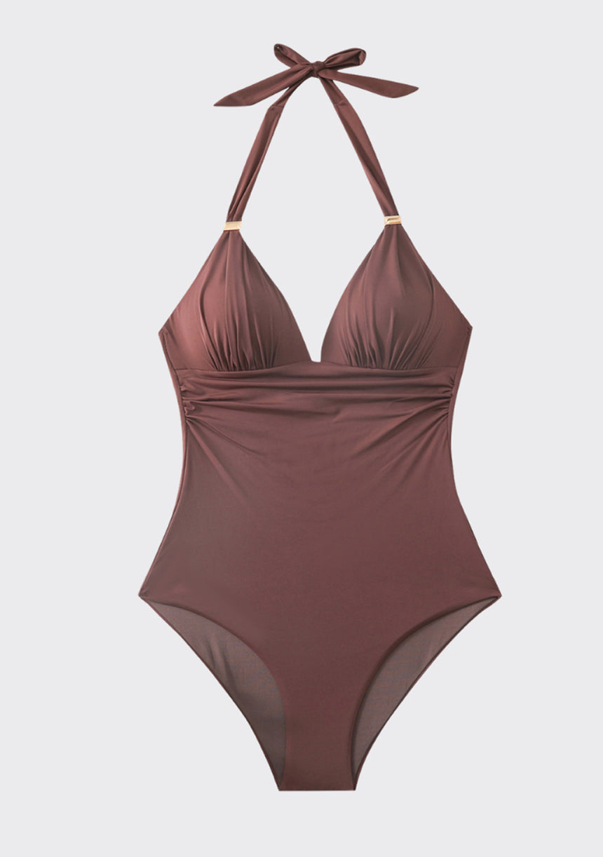 ibBan Suncoast brown women's one-piece halter swimsuit full view
