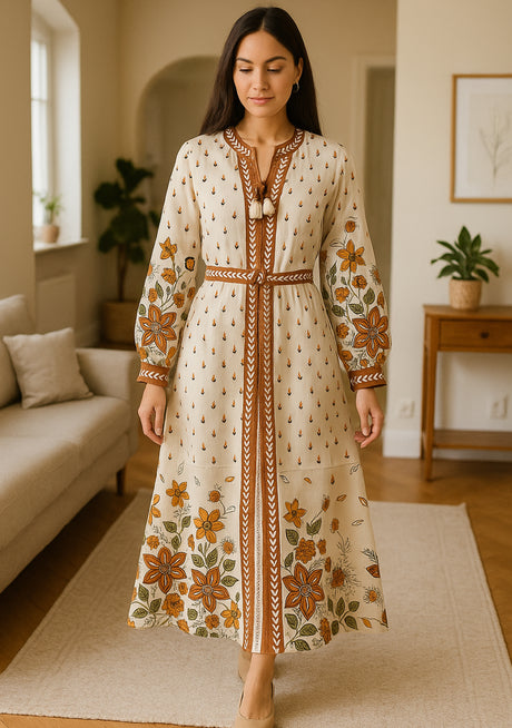 ibBan Premium Printed Cotton Long Dress with Hand Embroidery -Farhat Long Dress