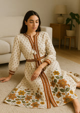 ibBan Premium Printed Cotton Long Dress with Hand Embroidery -Farhat Long Dress