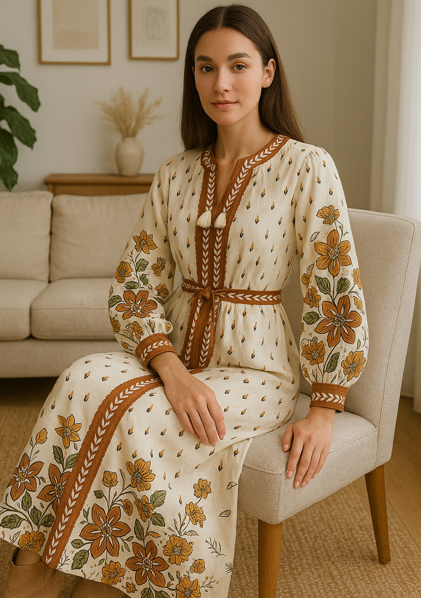 ibBan Premium Printed Cotton Long Dress with Hand Embroidery -Farhat Long Dress