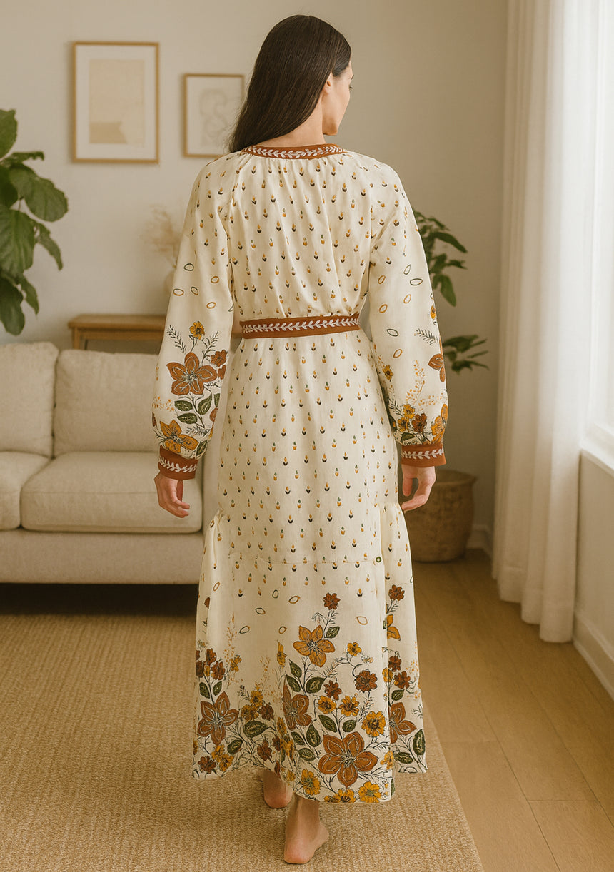 ibBan Premium Printed Cotton Long Dress with Hand Embroidery -Farhat Long Dress