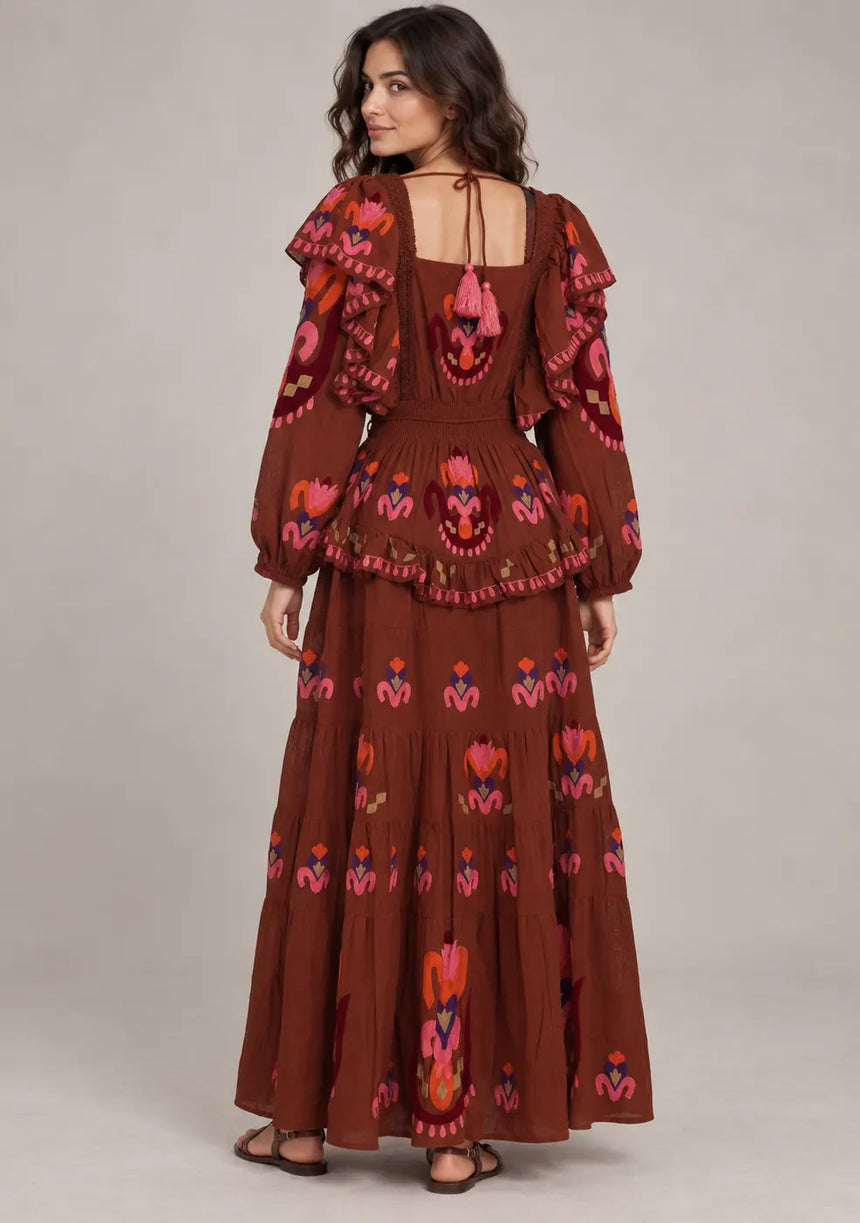 ibBan Printed Cotton Long Dress with Ruffle - Sona