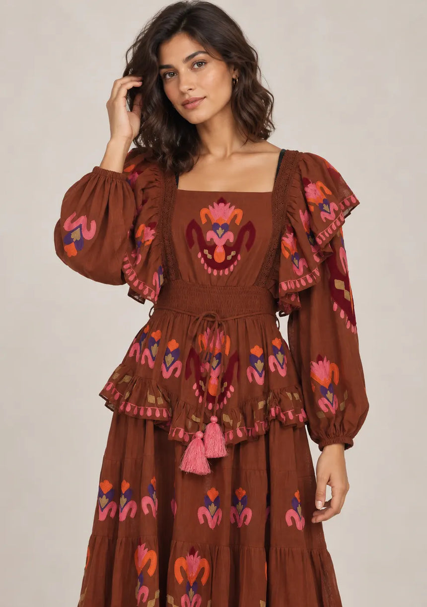 ibBan Printed Cotton Long Dress with Ruffle - Sona