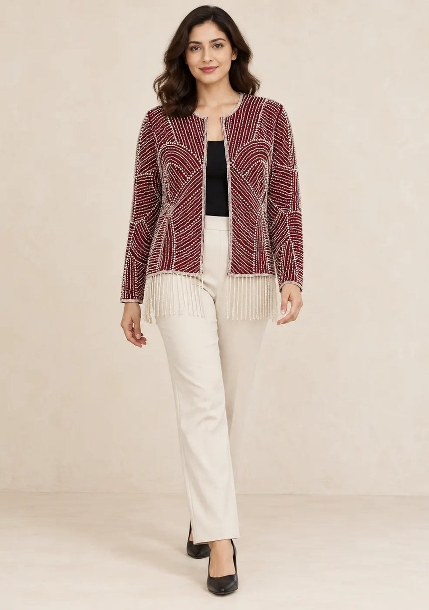 ibabn Women’s Hand Beaded Fringe Jacket - Amaya
