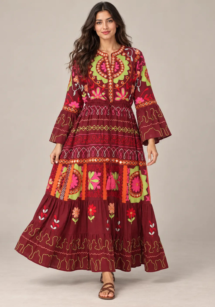 ibBan Embroidered Cotton Long Tunic with Tassel Tie - Hami