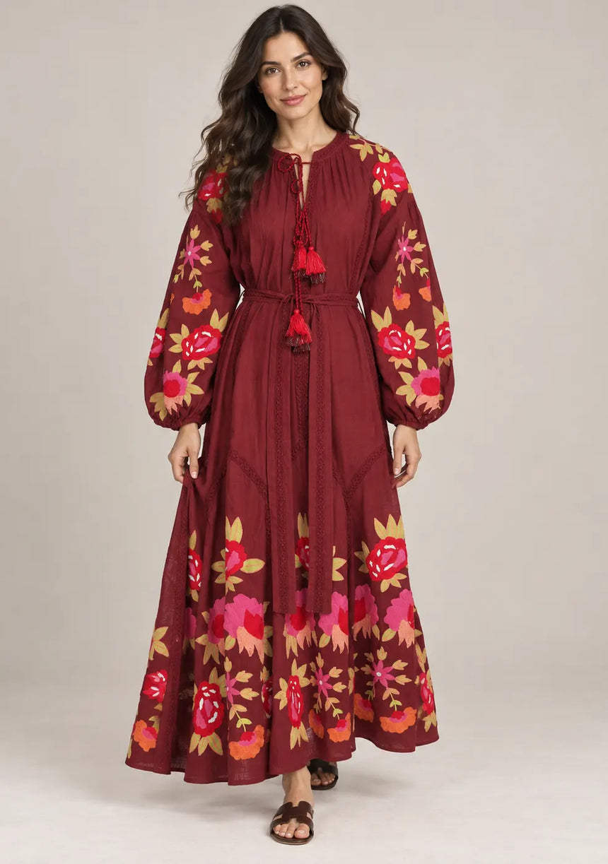 ibBan Floral Embroidered Cotton Maxi Dress with Tassel Tie - Gypsy