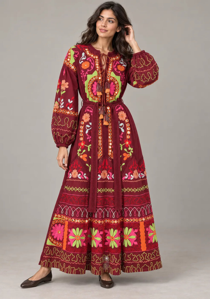 ibBanEmbroidered Cotton Maxi Dress with Tassel Tie - Hami