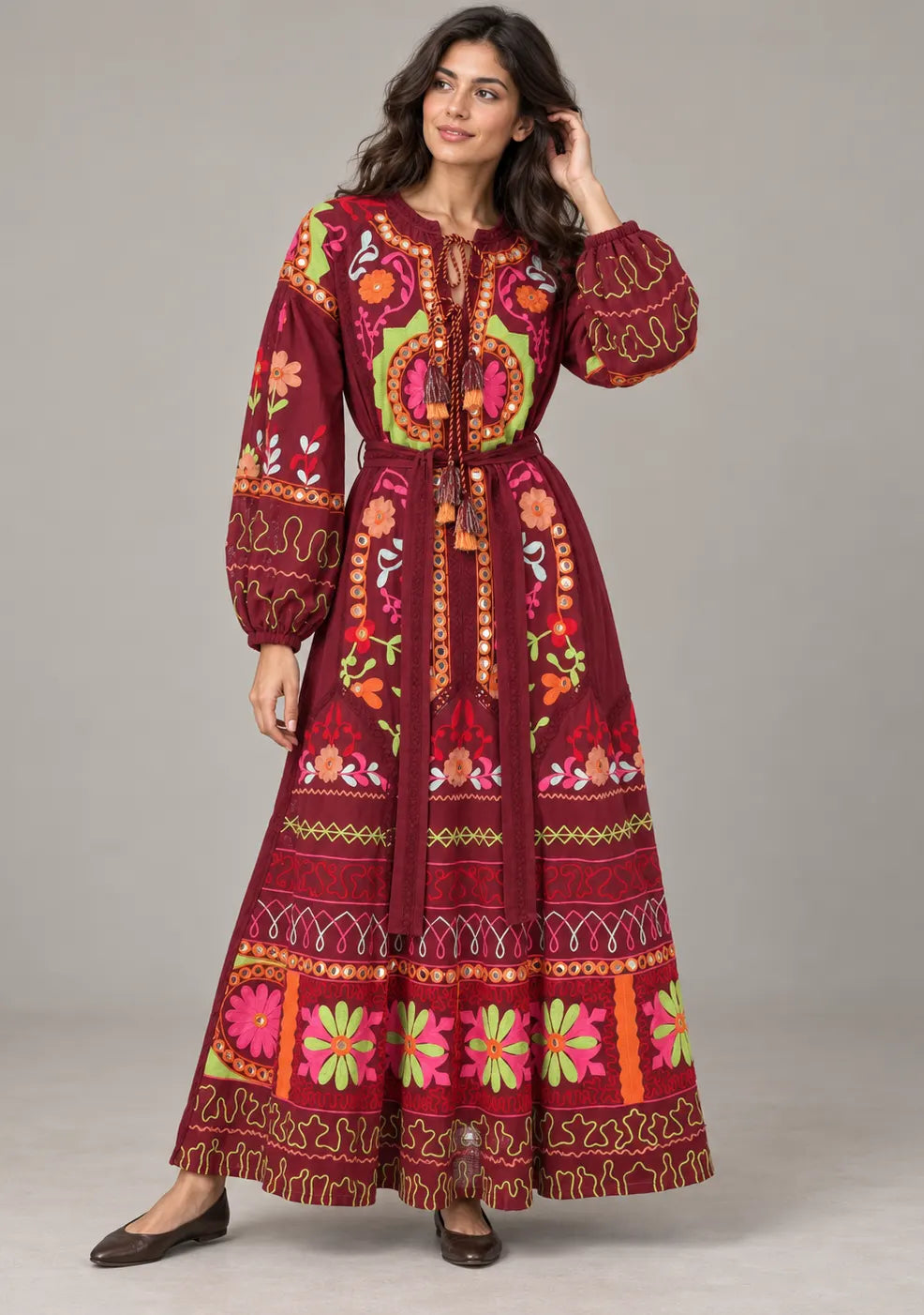 ibBanEmbroidered Cotton Maxi Dress with Tassel Tie - Hami