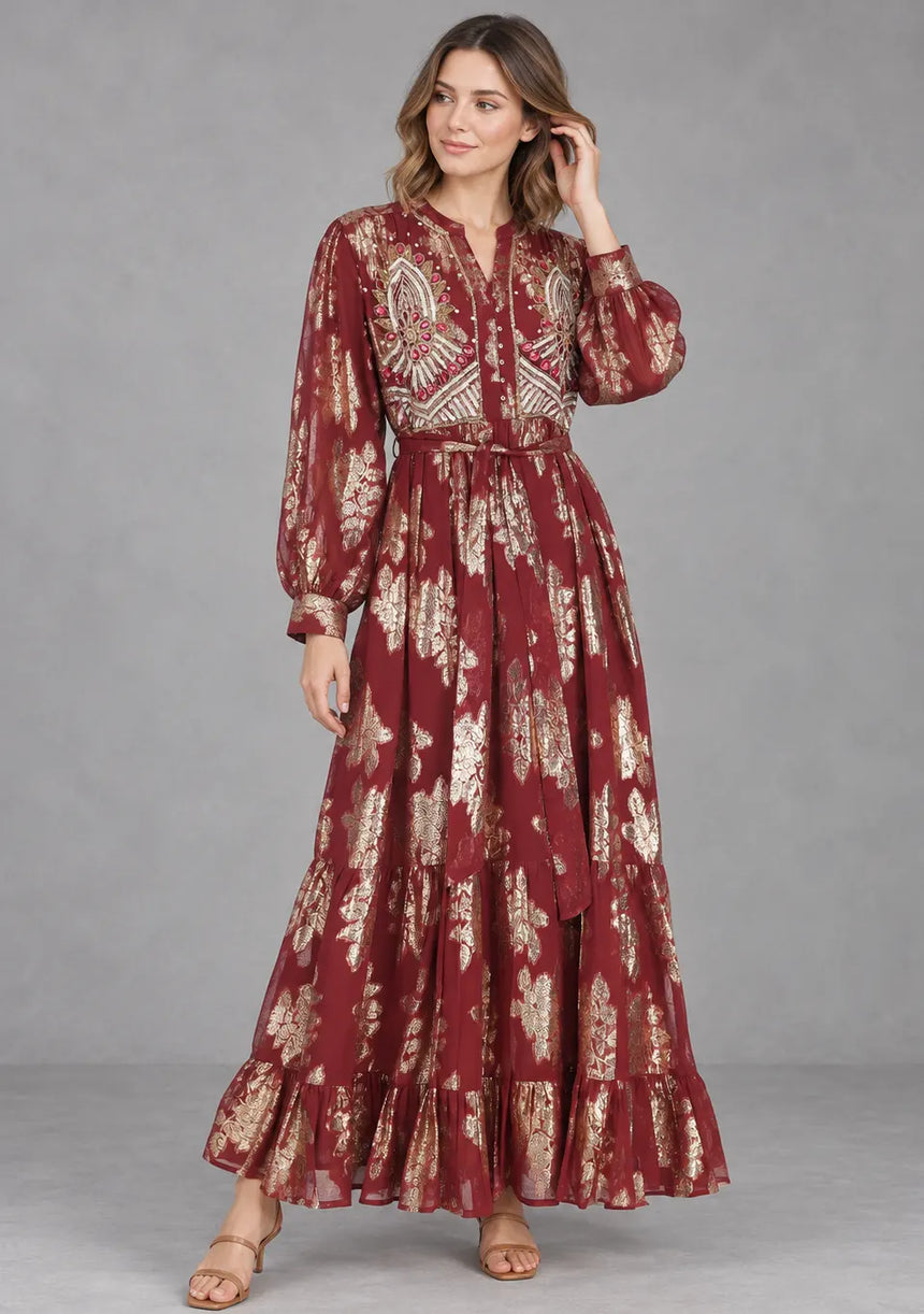 ibBan Embellished Lurex Long Dress with Metallic - Varsha