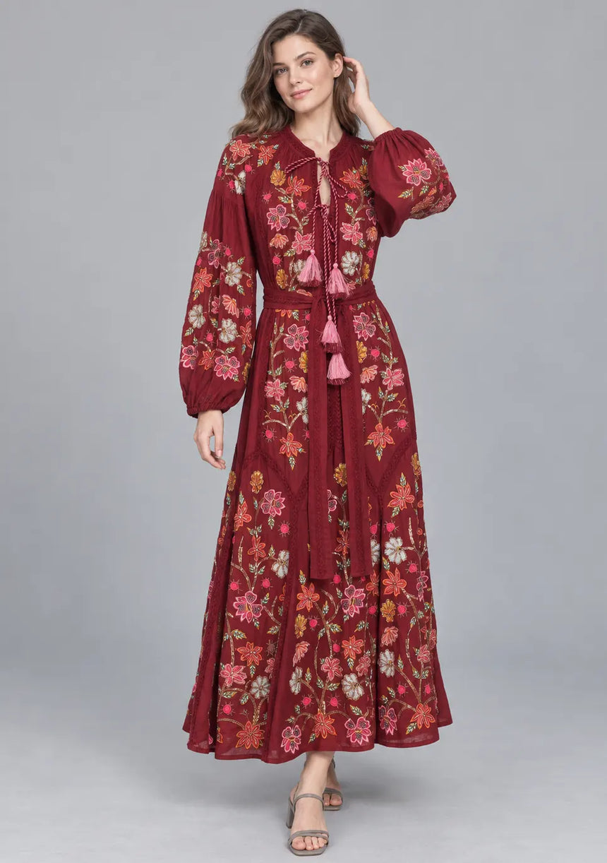 ibBan Floral Embroidered Maxi Dress with Tassel - Ravila