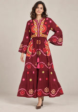 ibBan Embroidered Cotton Long Tunic Dress with Tassel Tie - Sara