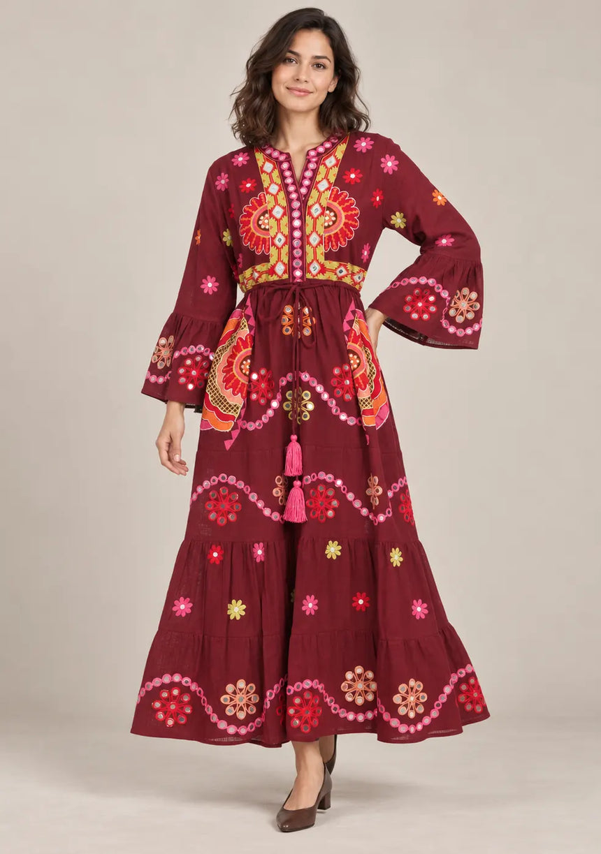 ibBan Embroidered Cotton Long Tunic Dress with Tassel Tie - Sara