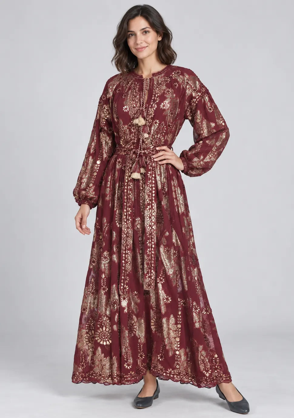ibBan Floral Lurex Cotton Long Dress - Mavi