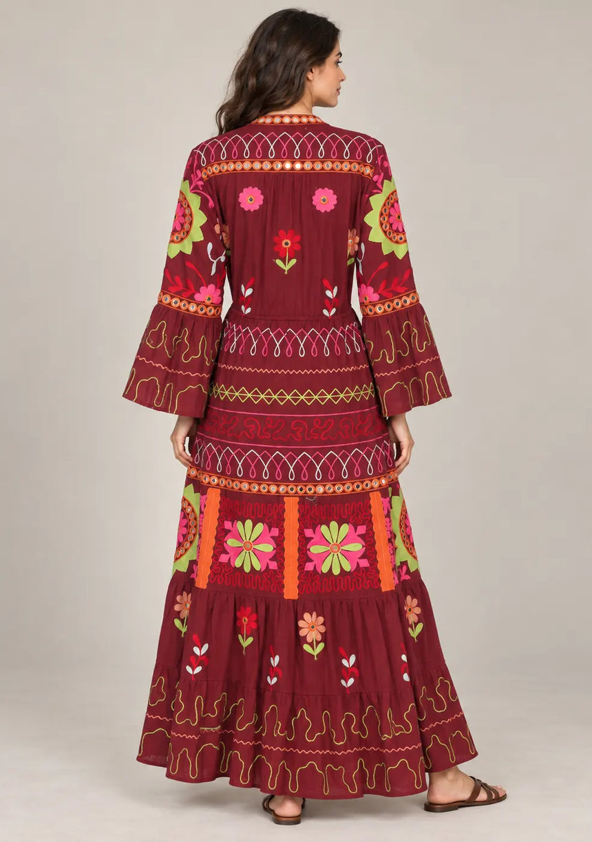 ibBan Embroidered Cotton Long Tunic with Tassel Tie - Hami