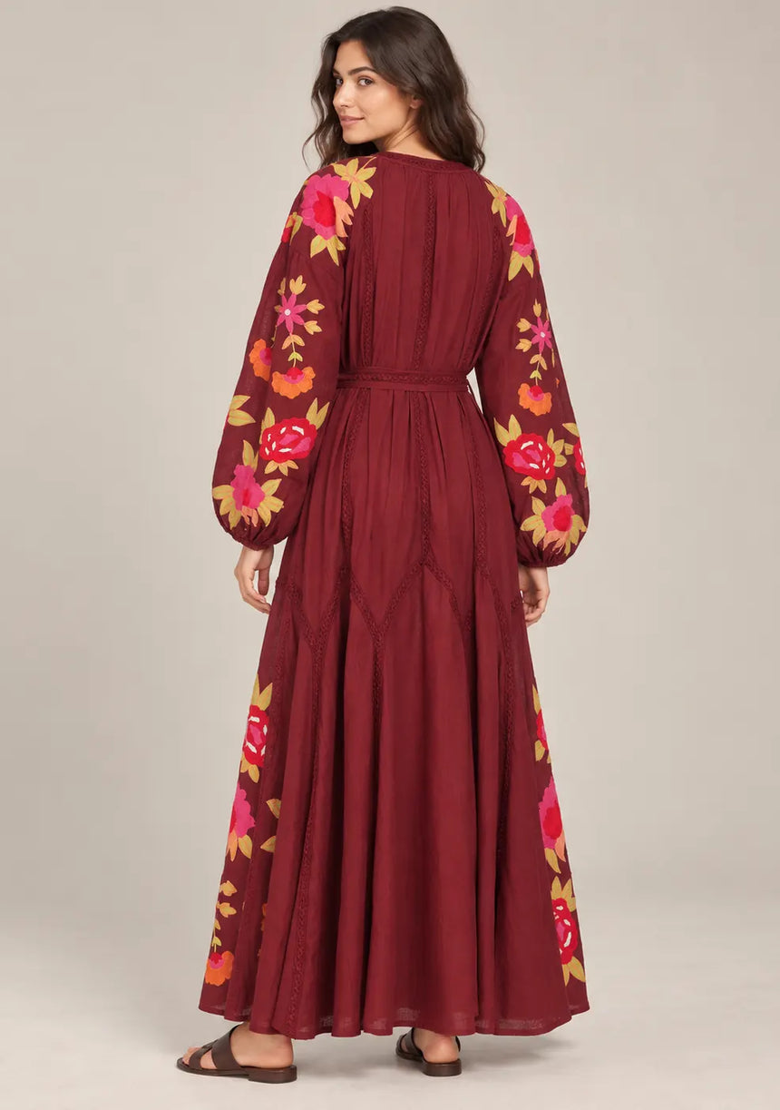 ibBan Floral Embroidered Cotton Maxi Dress with Tassel Tie - Gypsy