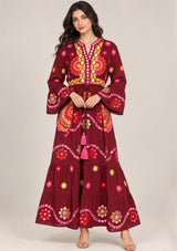 ibBan Embroidered Cotton Long Tunic Dress with Tassel Tie - Sara