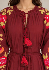 ibBan Floral Embroidered Cotton Maxi Dress with Tassel Tie - Gypsy