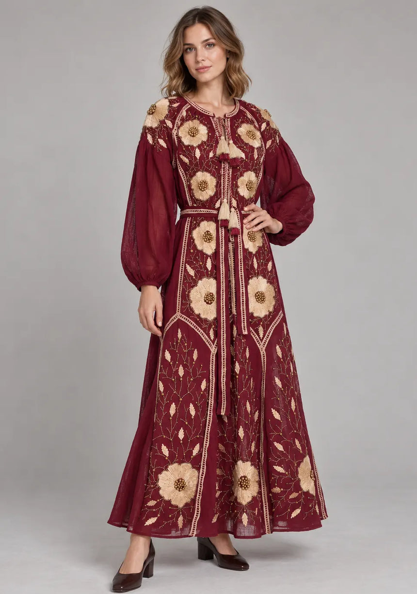 ibBan Floral Embroidered Cotton Long Dress - Johri