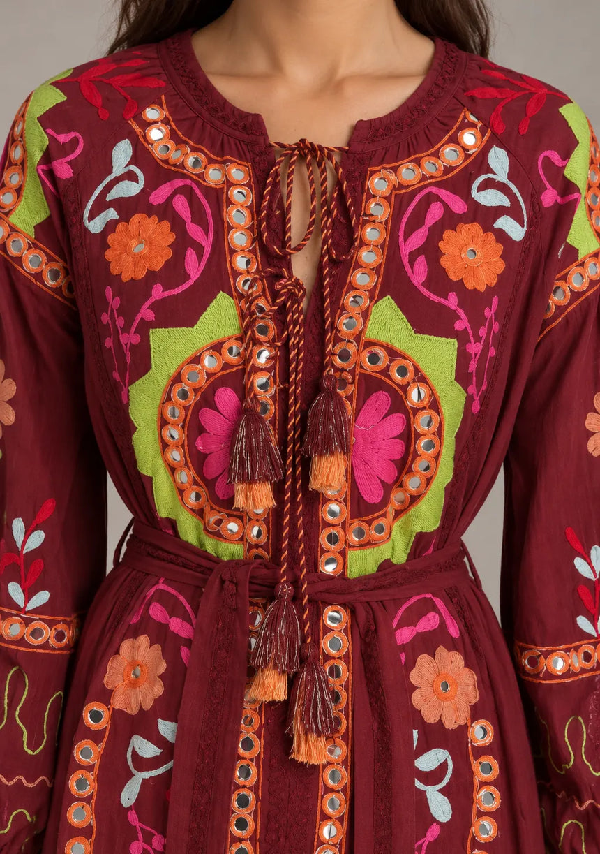 ibBanEmbroidered Cotton Maxi Dress with Tassel Tie - Hami