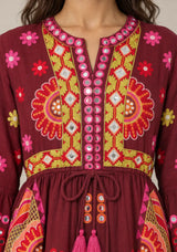 ibBan Embroidered Cotton Long Tunic Dress with Tassel Tie - Sara